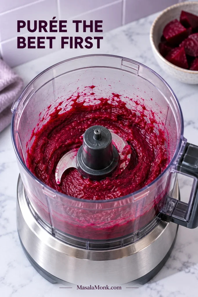 Transparent food processor holding a shallow layer of vivid red beet purée around the central blade before other hummus ingredients are added.