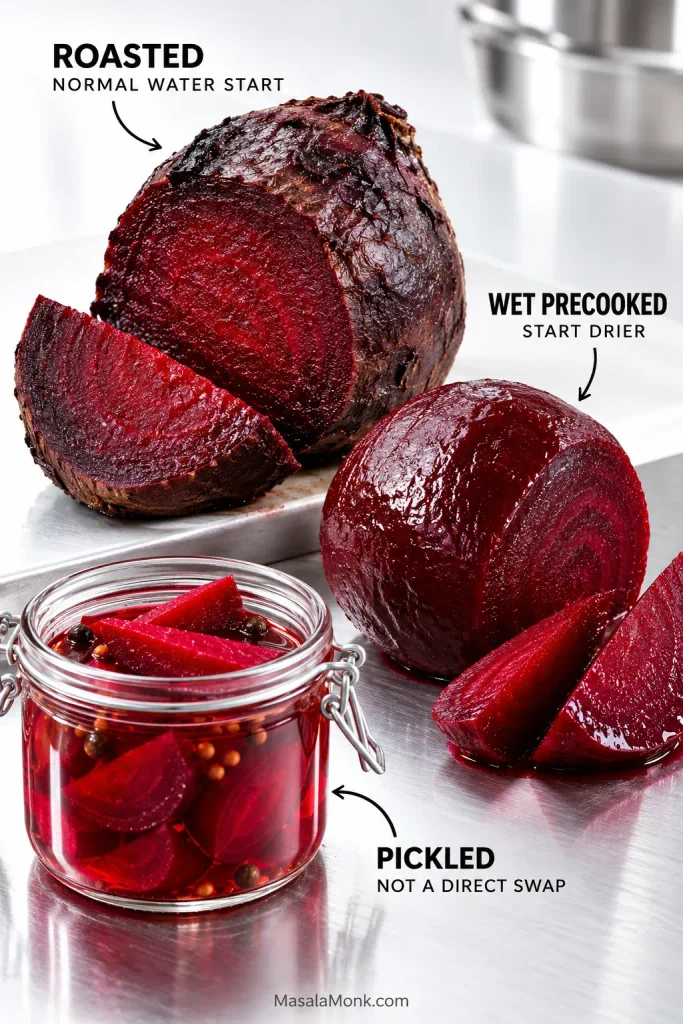 Three beet preparations on stainless steel: relatively dry roasted beet, glossy wet precooked beet and sliced pickled beet in brine.