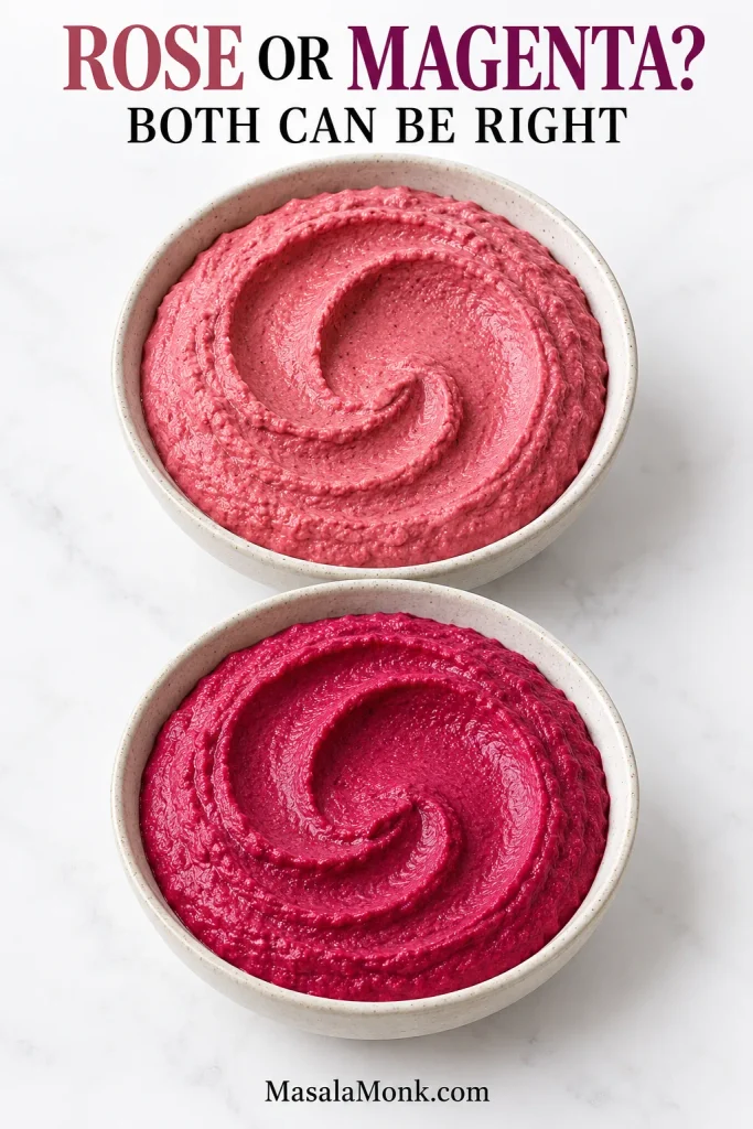 Two matching bowls of smooth beet hummus on white, one soft rose-pink and the other vivid natural magenta.