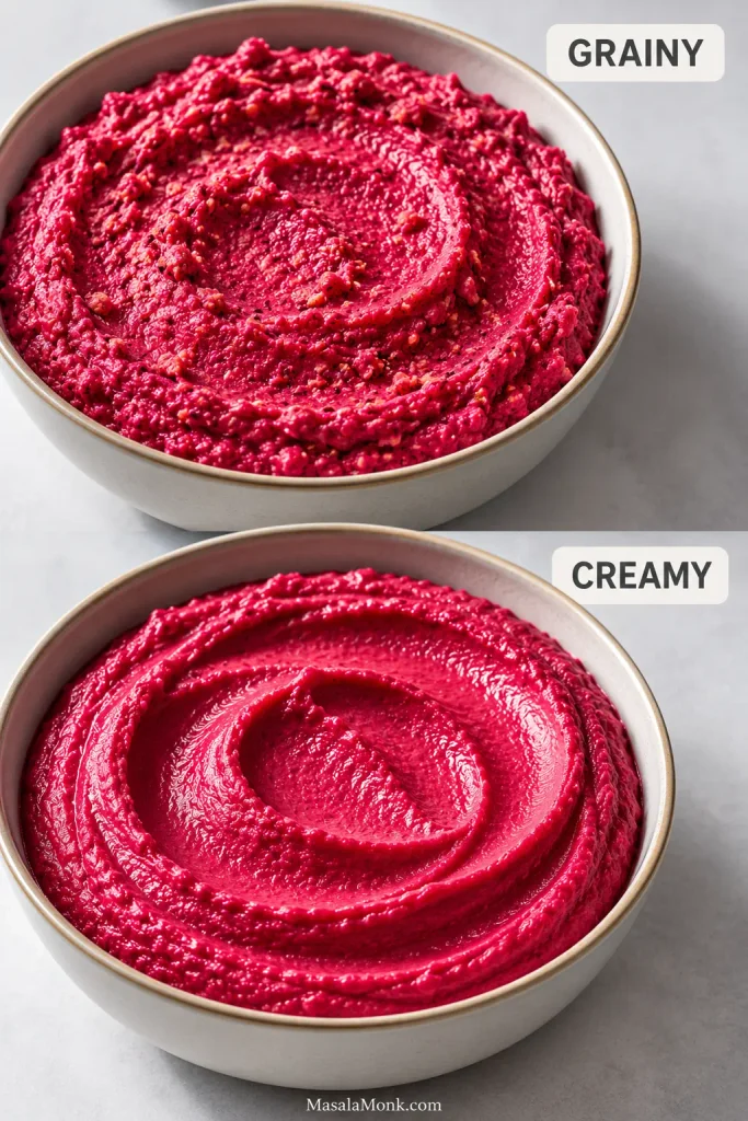 Matching beet hummus samples compare a rough, visibly grainy spoon surface with a smooth, creamy spoon surface under identical lighting.
