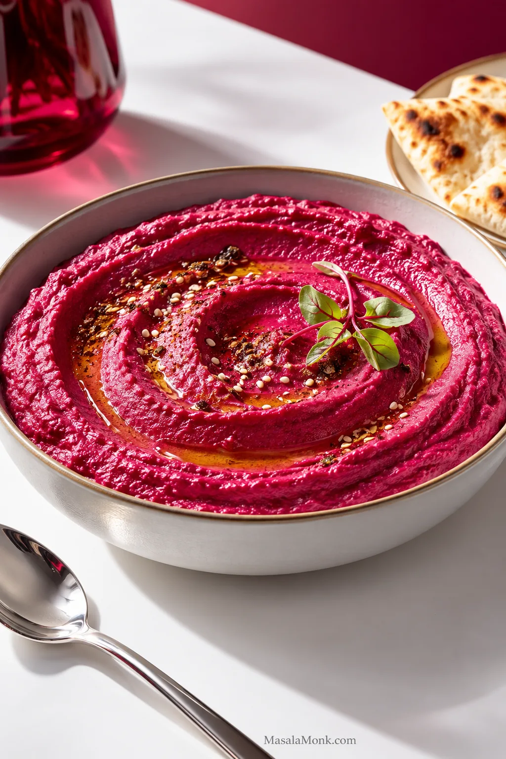 Wide bowl of vivid magenta beet hummus with smooth spoon swirls, a light olive-oil finish, silver spoon and blistered pita.