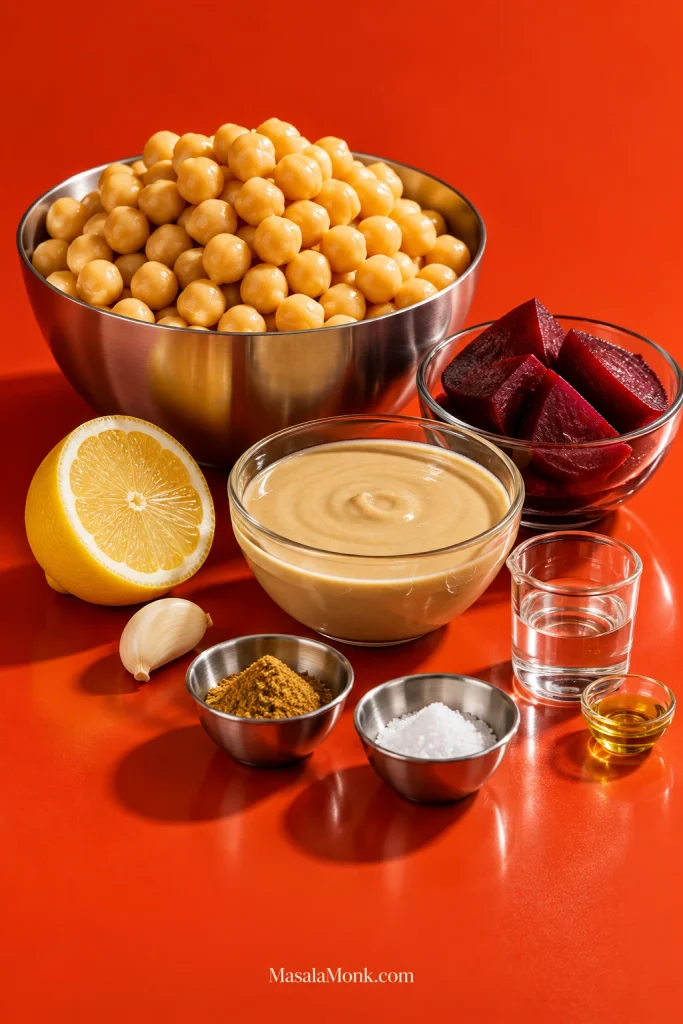 Cooked beet, chickpeas, tahini, lemon, garlic, cumin, salt, water and a small olive-oil portion arranged on a red-orange studio surface.