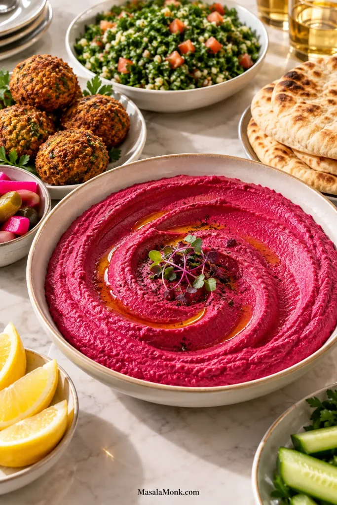 Large bowl of bright beet hummus served with green tabbouleh, golden falafel, blistered pita, pickled vegetables and lemon.