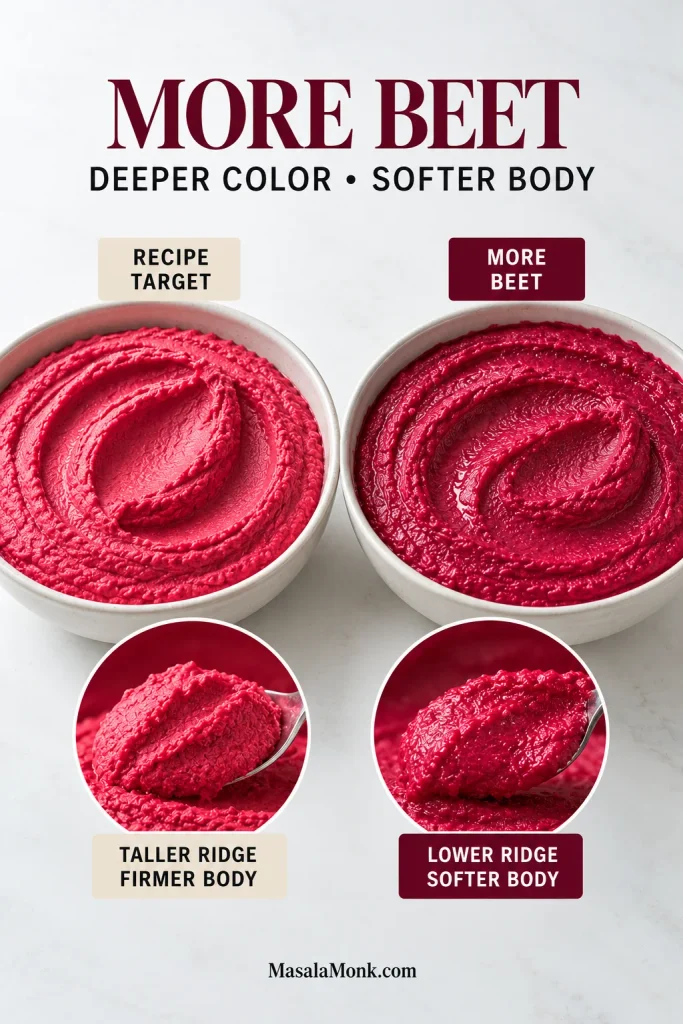 Two beet hummus bowls compare a brighter recipe target with taller ridges and a darker more-beet version with lower, softer ridges.