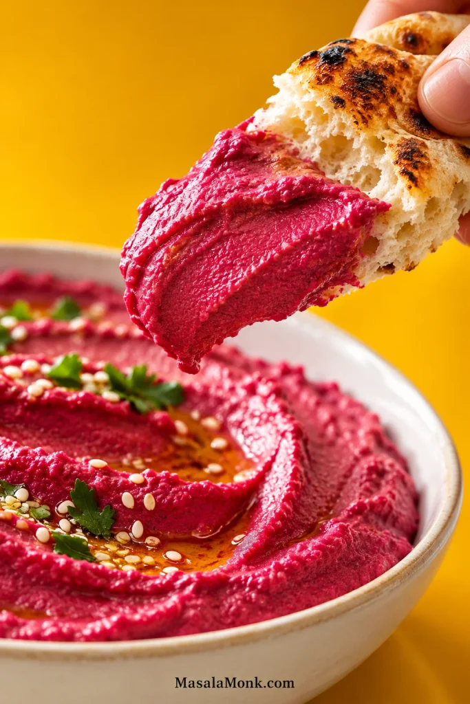 Close-up of charred pita holding an even coating of bright magenta beet hummus above a serving bowl on a golden-yellow background.