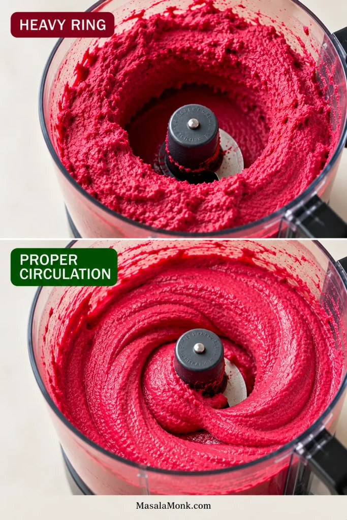 Two processor views compare beet hummus stuck in a high outer ring with smoother hummus folding inward toward the central blade.