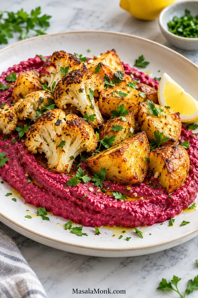 Browned roasted cauliflower florets and golden potato pieces resting on a broad layer of magenta beet hummus with parsley and lemon.