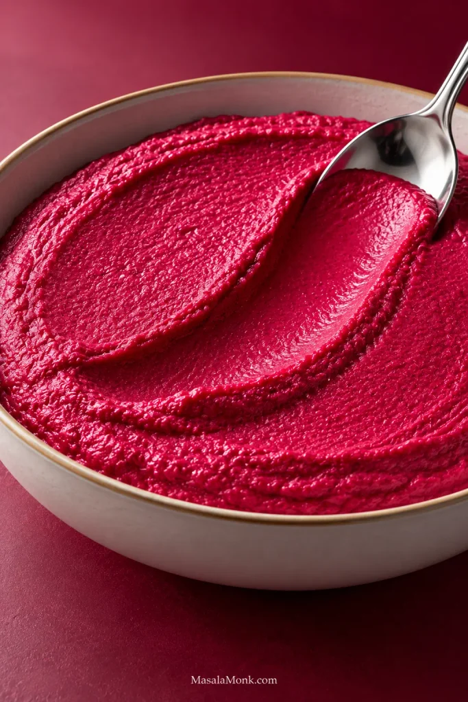 Macro view of smooth magenta beet hummus with one shallow spoon channel whose rounded edges begin to soften inward.