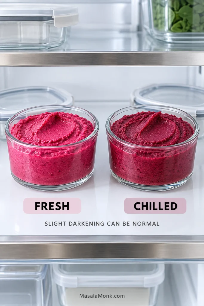 Two matching clear containers of beet hummus in a refrigerator, with the fresh sample brighter pink and the chilled sample slightly darker and firmer.