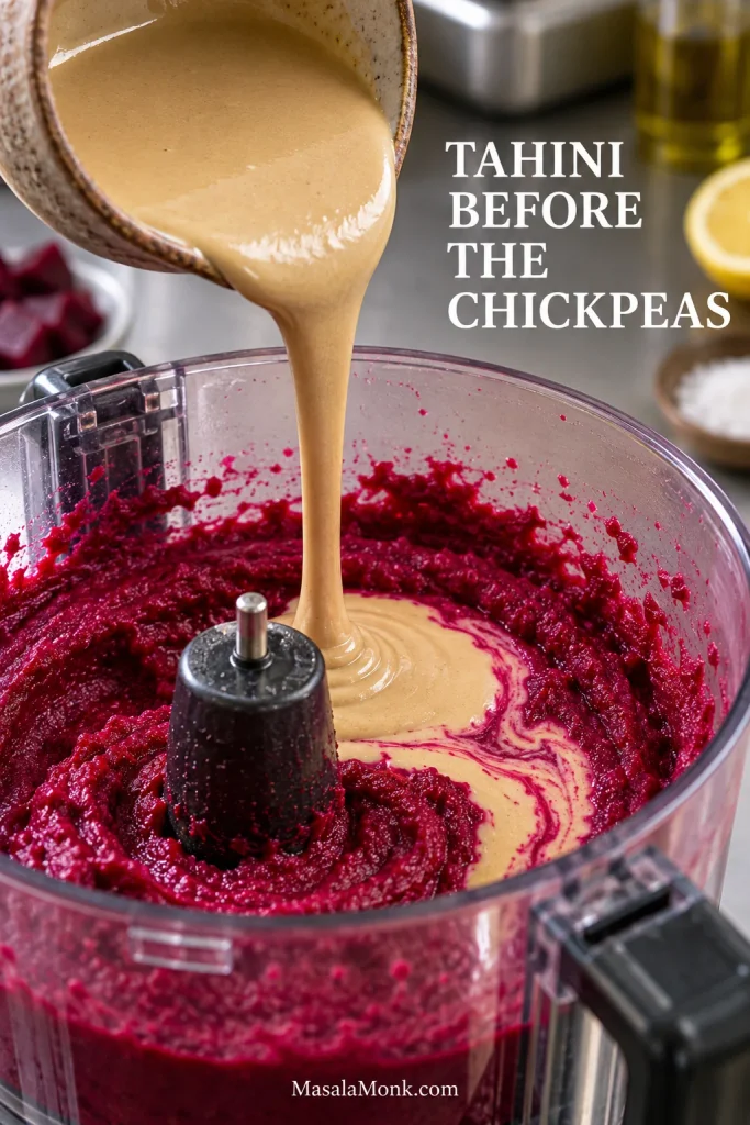 Thick beige tahini pouring in a slow ribbon into vivid beet purée inside a transparent food processor.