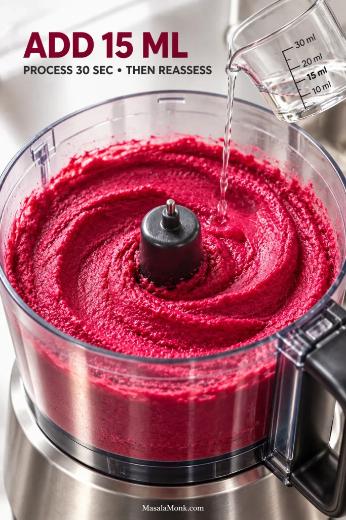 Nearly smooth beet hummus in a food processor as water pours from a small graduated cup marked at 15 ml.