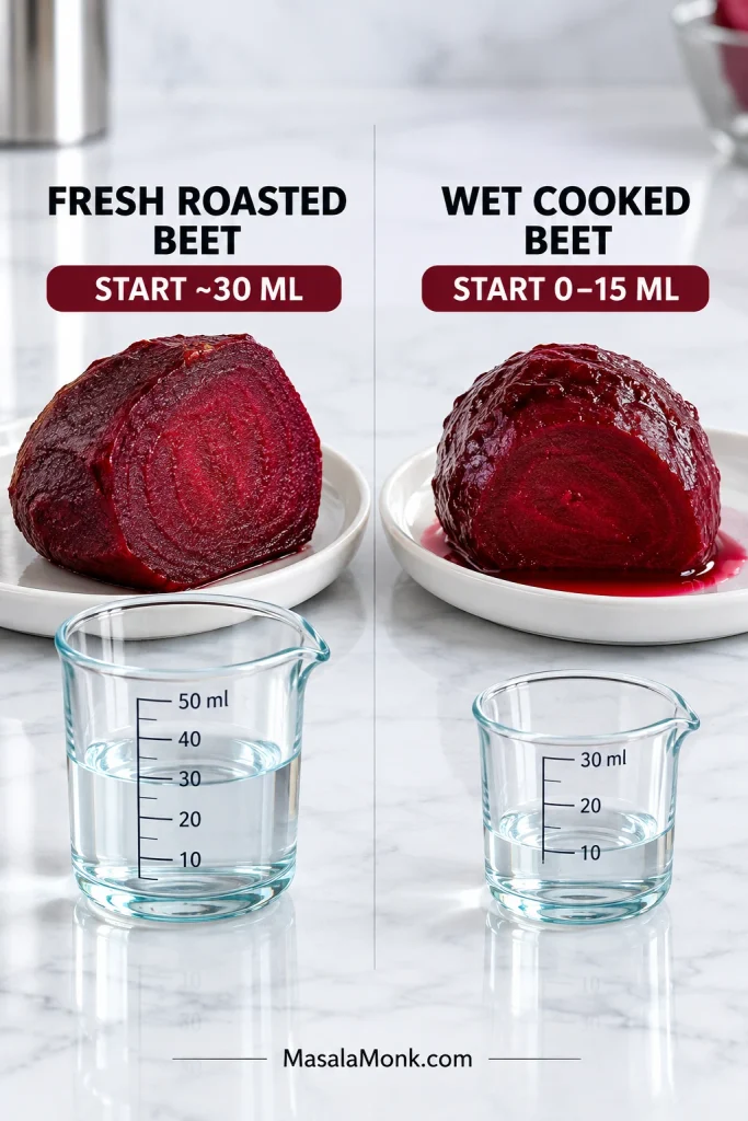 Roasted beet and wetter cooked beet beside measuring glasses showing about 30 ml water versus a much smaller 0–15 ml starting amount.