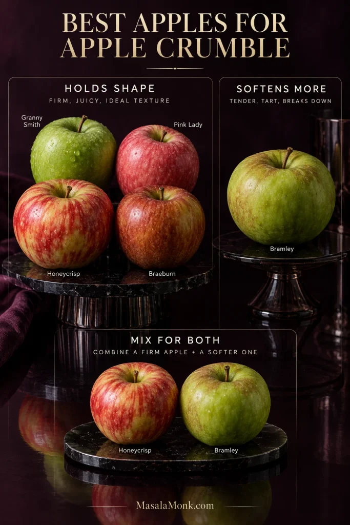 Granny Smith, Pink Lady, Honeycrisp, Braeburn and Bramley apples arranged by whether they hold their shape, soften more or work well mixed together.