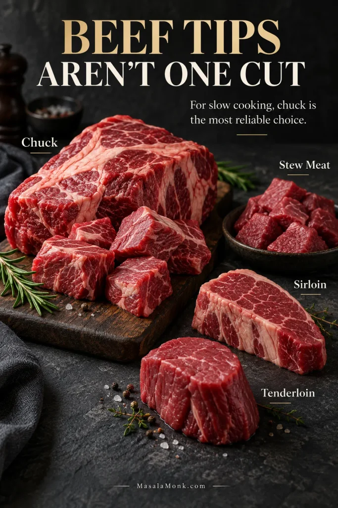 Raw beef cuts labeled chuck, stew meat, sirloin and tenderloin, with chuck shown most prominently.