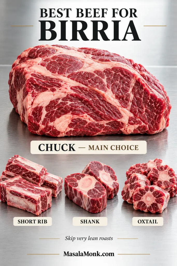 Raw beef chuck shown as the main birria cut with smaller portions of short ribs, beef shank and oxtail on a stainless surface.