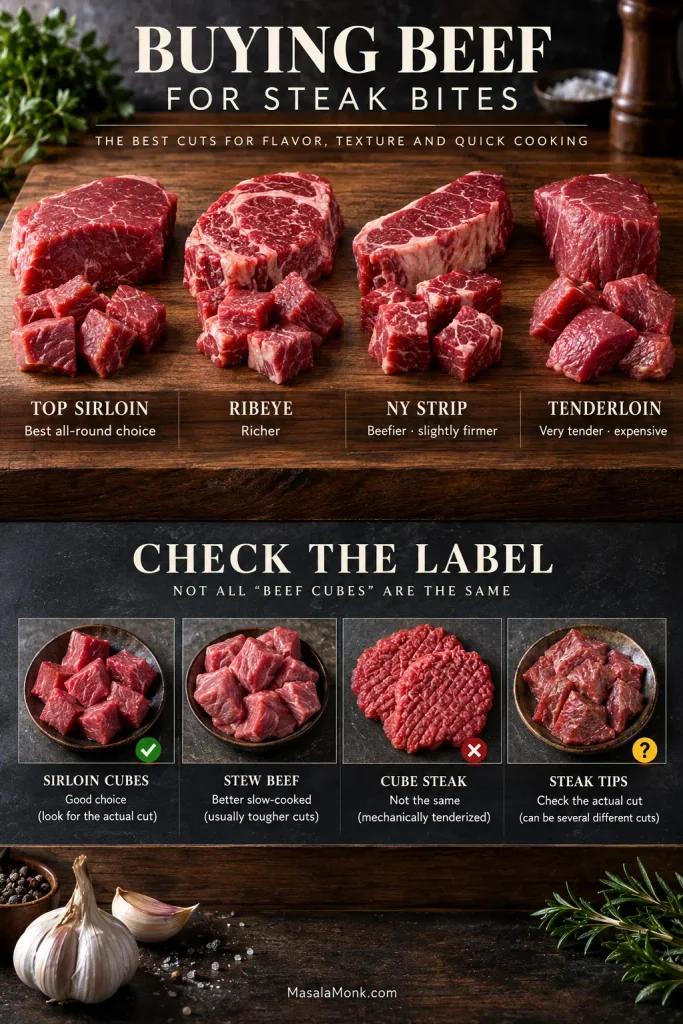Beef-buying guide comparing top sirloin, ribeye, New York strip and tenderloin, with examples of sirloin cubes, stew beef, cube steak and steak tips.