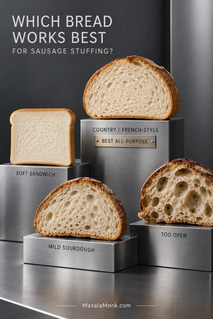 Four bread cross-sections comparing soft sandwich bread, country or French-style bread, mild sourdough and a very open artisan loaf.