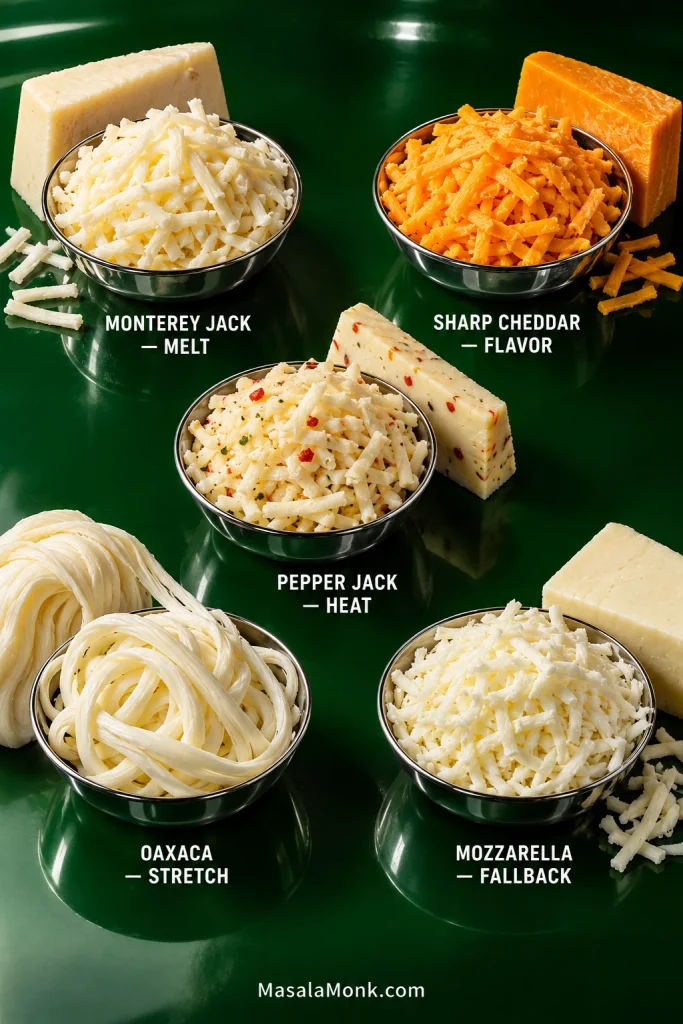 Five cheeses labeled Monterey Jack–Melt, Sharp Cheddar–Flavor, Pepper Jack–Heat, Oaxaca–Stretch and Mozzarella–Fallback, shown as shreds, blocks or strands.