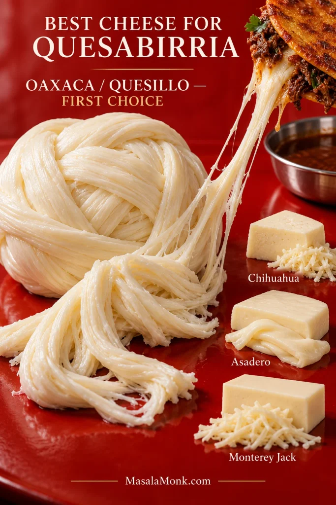 Oaxaca quesillo shown as the dominant cheese choice with smaller portions of Chihuahua, Asadero and Monterey Jack.