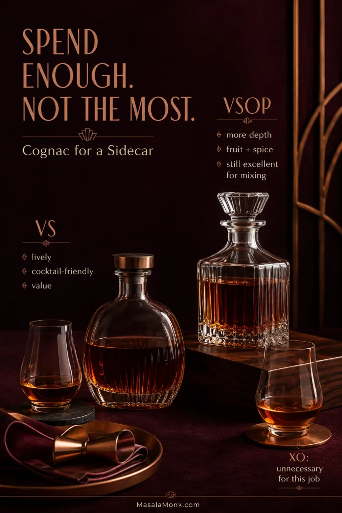 Editorial guide comparing VS and VSOP Cognac for a Sidecar, with amber spirit in unbranded glass decanters.