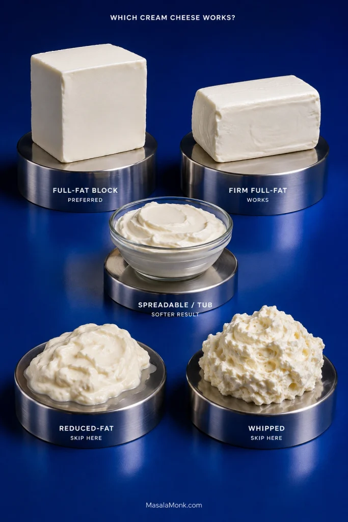 Five cream cheese types compare full-fat block, firm full-fat, spreadable, reduced-fat and whipped textures.