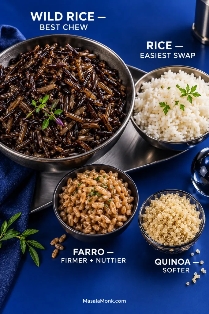 Cooked wild rice, regular rice, farro and quinoa displayed separately to compare grain textures for stuffed acorn squash.