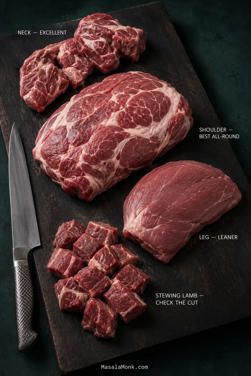 Raw lamb shoulder, neck, leg and cubed stewing lamb arranged on a dark butcher board with labels describing each cut for braising.
