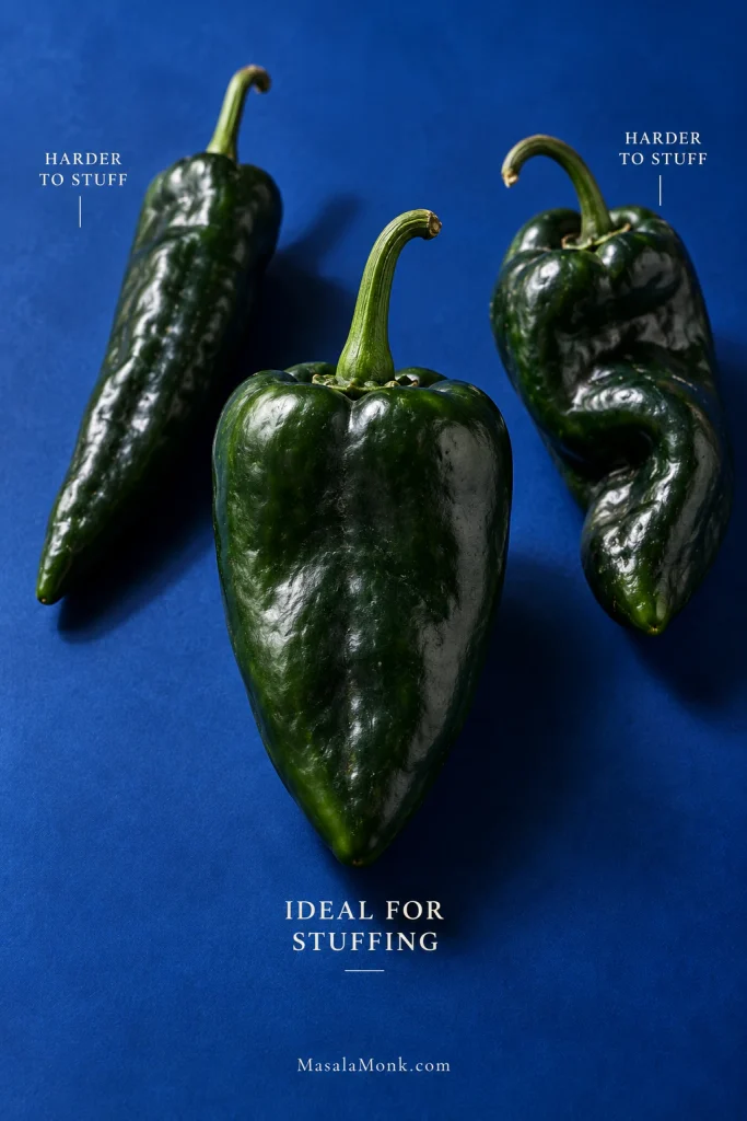 Three dark green poblano peppers on a blue background, with a broad tapered pepper labeled ideal for stuffing and narrower or twisted peppers labeled harder to stuff.