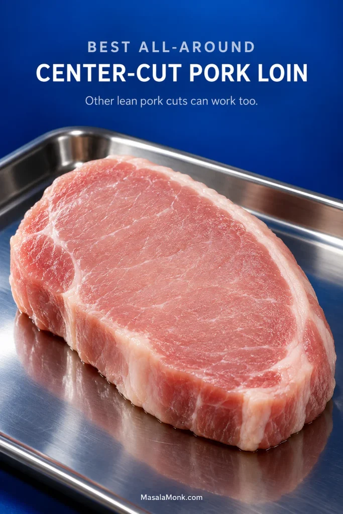 Boneless center-cut pork loin chop displayed on a cobalt and stainless-steel surface as the recommended all-around cut for schnitzel.