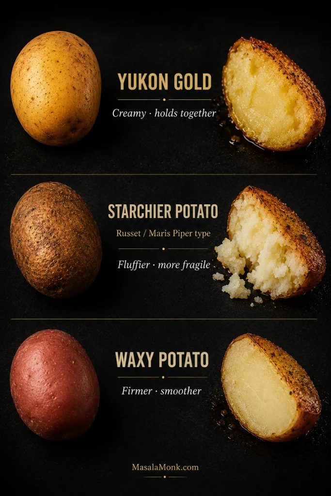 Comparison of raw and cooked potato types: Yukon Gold with a creamy cohesive center, a starchier Russet or Maris Piper type with a fluffy crumbly interior, and a waxy potato with a smooth firm center.