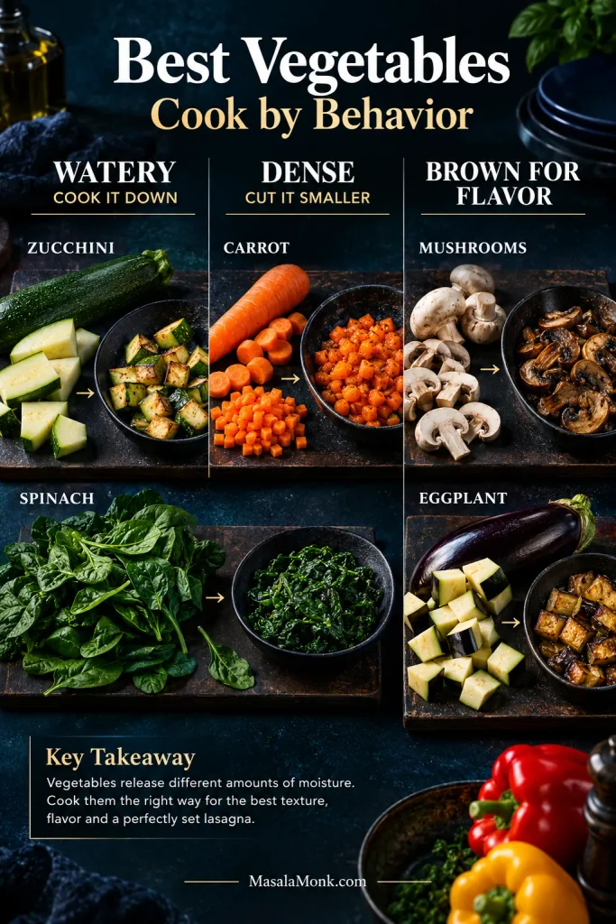 Zucchini, mushrooms, eggplant, carrot and spinach shown with guidance to cook watery vegetables down, cut dense vegetables smaller and brown for flavor.