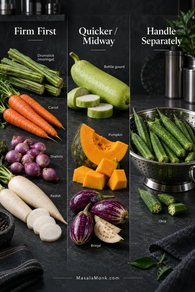 Vegetable timing guide showing drumstick, carrot, shallots and radish under Firm First; bottle gourd, pumpkin and eggplant under Quicker or Midway; and okra under Handle Separately.