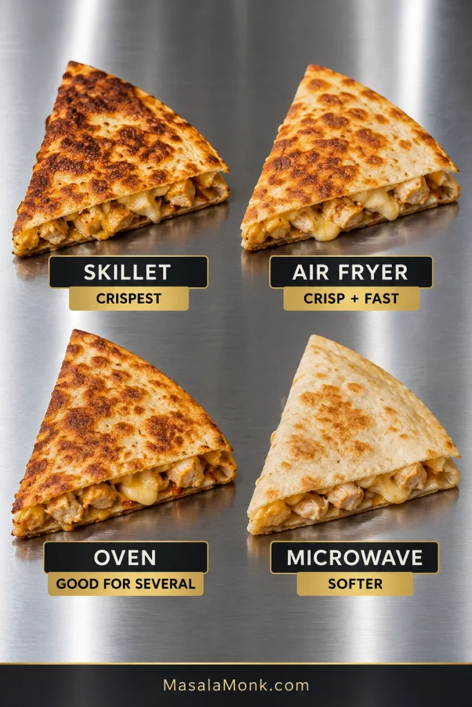 Four comparable chicken quesadilla wedges labeled Skillet–Crispest, Air Fryer–Crisp + Fast, Oven–Good for Several and Microwave–Softer, showing different levels of browning and crispness.