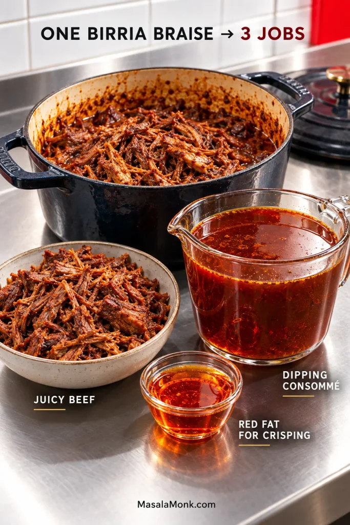 Shredded birria beef, dark consommé and a small bowl of translucent orange-red birria fat arranged separately beside a Dutch oven.