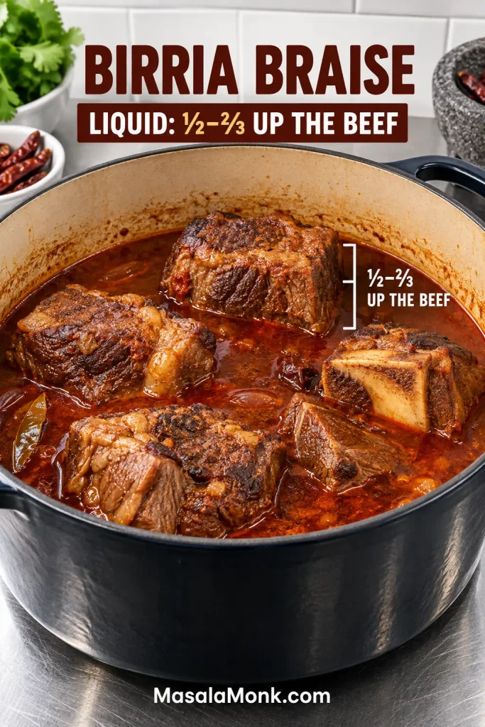 Large browned beef chunks in a Dutch oven with red birria braising liquid reaching roughly halfway to two-thirds up their sides.