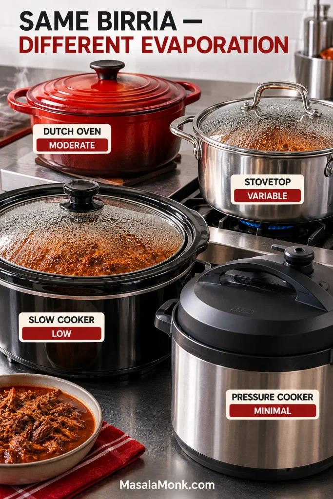 Covered Dutch oven marked moderate evaporation, lidded stovetop pot marked variable, closed slow cooker marked low and locked pressure cooker marked minimal evaporation.