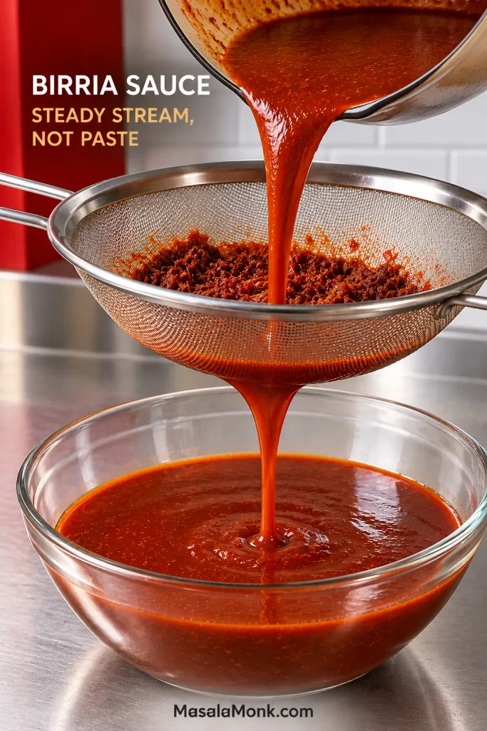 Smooth red-brown birria sauce flowing through a fine-mesh metal strainer into a glass bowl while coarse chile pulp remains in the sieve.