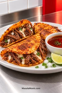 Three crisp beef quesabirria tacos filled with shredded beef and melted white cheese beside a bowl of dark red-brown consommé, onion, cilantro and lime.