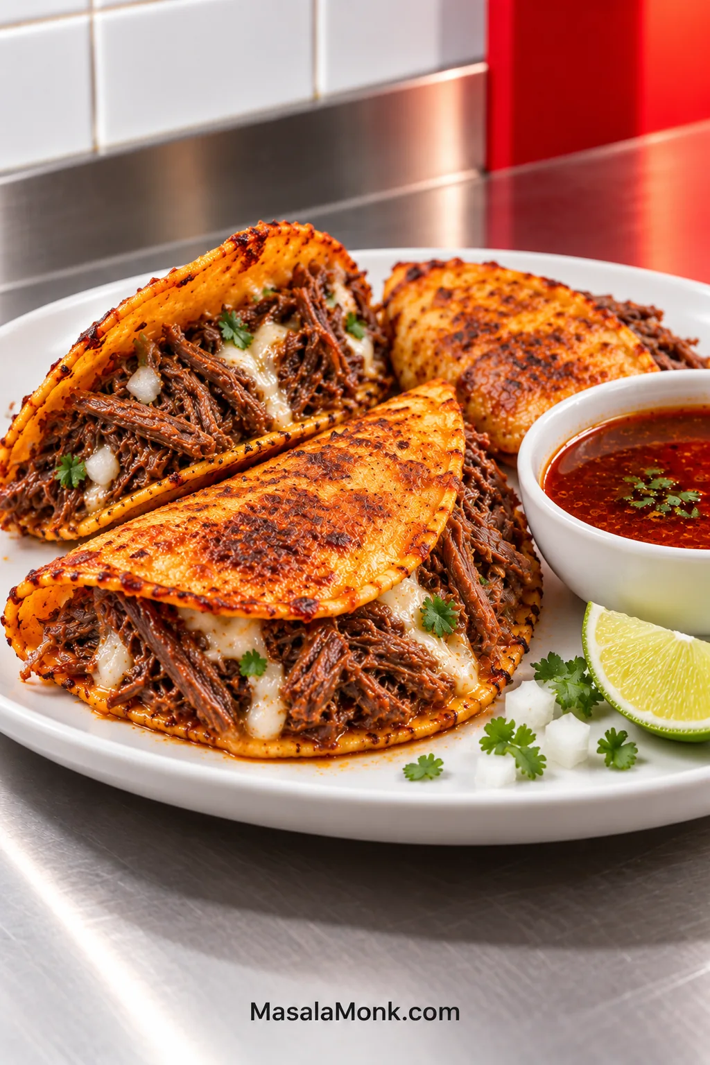Three crisp beef quesabirria tacos filled with shredded beef and melted white cheese beside a bowl of dark red-brown consommé, onion, cilantro and lime.