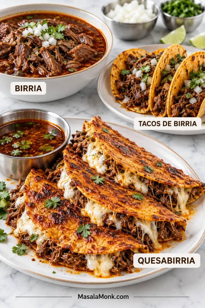 Bowl of birria with broth, soft tacos de birria filled with shredded beef and crisp cheese-filled quesabirria shown together.