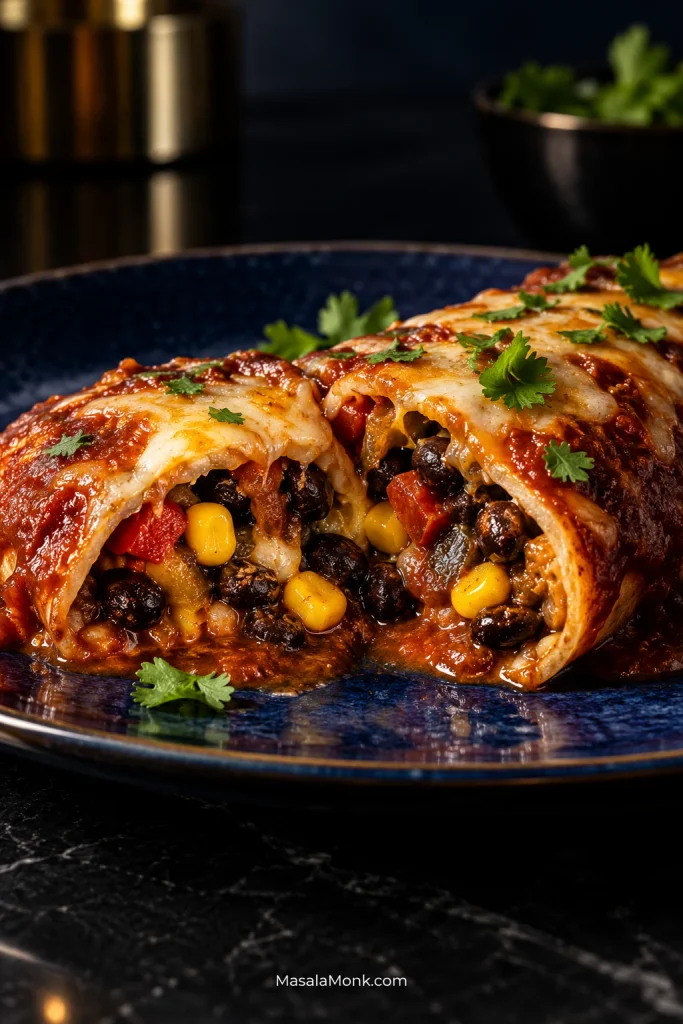 Two cut-open enchiladas on a deep blue plate showing black beans, corn, red bell pepper, onion, melted cheese and red sauce inside the tortillas.