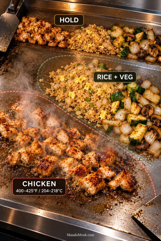 Overhead Blackstone-style flat-top showing separate working areas for chicken at 400–425°F, rice and vegetables, and a cooler holding zone for finished food.
