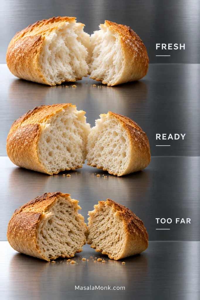 Comparison of broken bread pieces labeled Fresh, Ready and Too Far, showing soft fresh crumb, properly dried bread and overly hard dried bread.