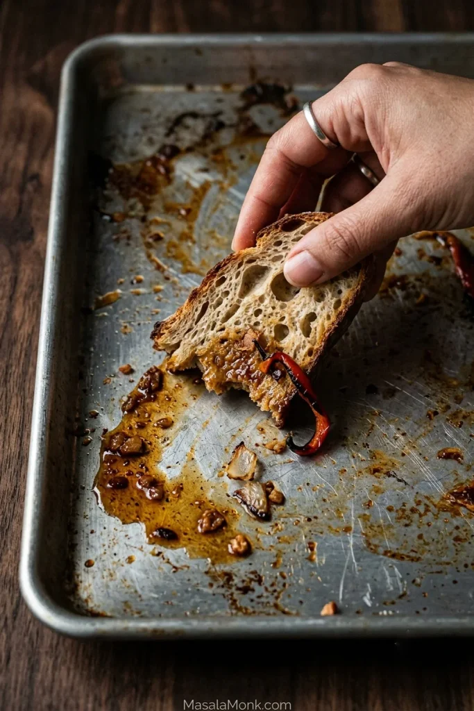 Torn crusty bread being dragged through browned fond and concentrated juices on a nearly empty aluminum sheet pan with a few roasted pepper and onion pieces remaining.
