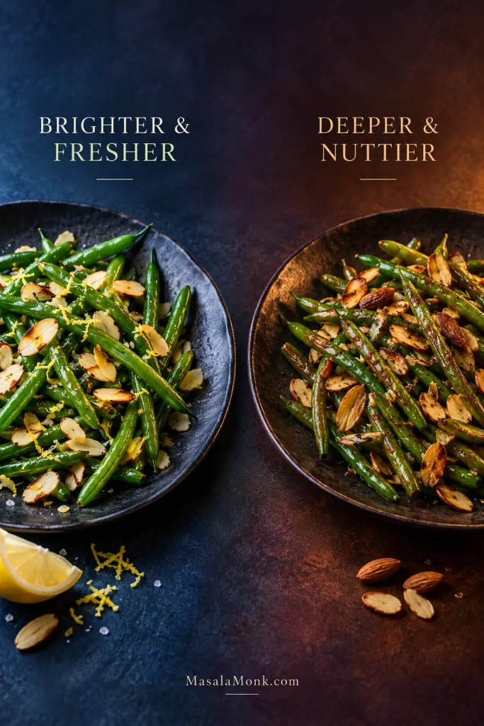 Side-by-side green bean dishes showing a bright lemon-forward almondine version and a deeper brown-butter version with more toasted flavor.