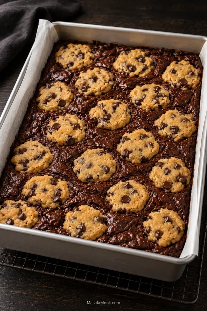 Baked Brookies in a light metal pan with golden cookie patches separated by dark set brownie and melted chocolate.