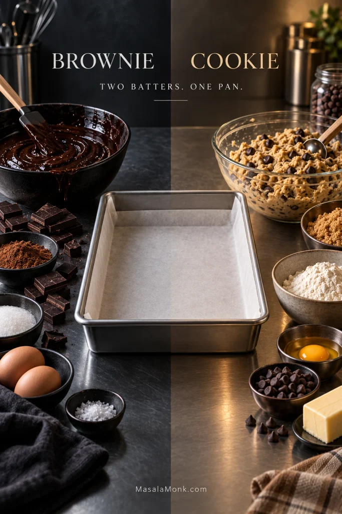 Dark brownie batter and chocolate chip cookie dough in separate bowls beside a parchment-lined metal baking pan.