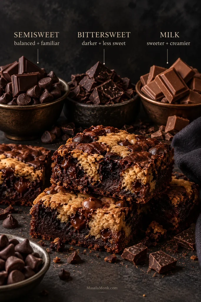Semisweet, bittersweet and milk chocolate arranged with Brookies in three labeled sections.