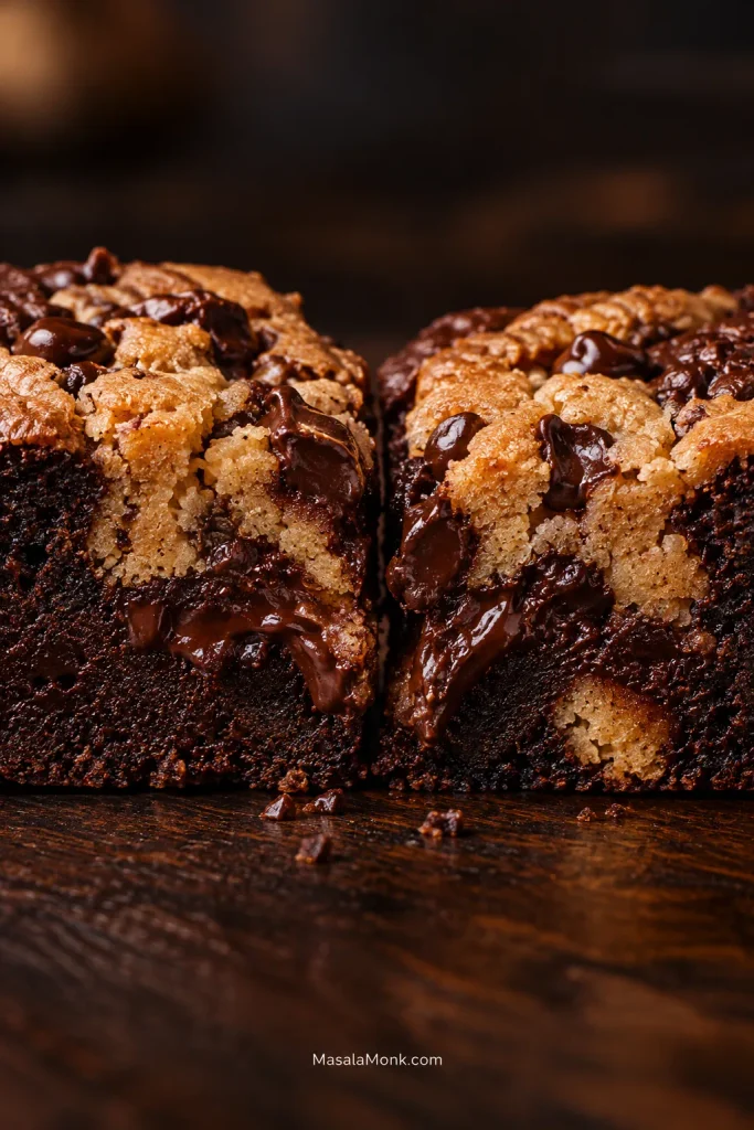 Two Brookie halves placed close together, showing golden cookie sections embedded irregularly in dark fudgy brownie with softened chocolate at the center seam.