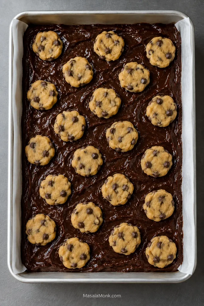 Overhead view of brownie batter in a light metal pan topped with 20 flattened cookie dough pieces, with brownie visible between them.